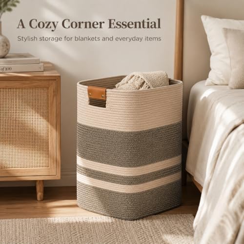 Laundry Hamper, Cotton Rope Laundry Basket with Leather Handles, 22.5-Gallon/85 L Large Clothes Hampers for Laundry, Woven Laundry Baskets for Blankets, Clothing, Bedroom, Living Room, Nursery - Image 5