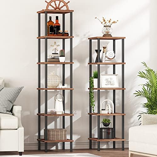 HOOBRO 6-Tier Corner Shelf, Corner Square Rack Display Shelf, Tall Storage Rack Plant Stand, Bookcase for Small Spaces, Living Room, Home Office, Kitchen, Rustic Brown and Black BF55CJ01 - Image 4