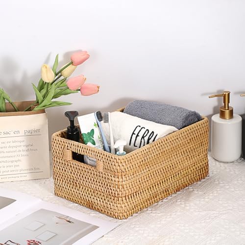 Hipiwe Woven Rattan Basket Natural Wicker Storage Basket Box with Handles - Image 2