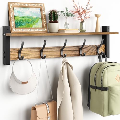 Optish Coat Rack Wall Mount with Shelf, 24 Inch Coat Hanger Walls Mounted, Hat Rack for Walls, Shelf with 5 Coat Hooks, Wall Hanger for Entryway (Brown) by Optish