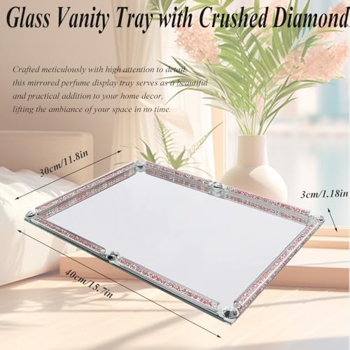 Pink Crushed Diamond Mirror Vanity Tray, 15.7" Large Perfume Tray - Image 3