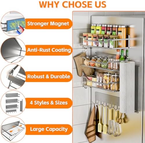 5 Pack Multifunctional Magnetic Shelves for Refrigerator Spice Rack & Washing Machine Organize, Include Paper Towel Holder, Kitchen Utensil Hanger and Hooks, Strong Magnet for Secure Hold (Gray) - Image 6