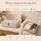 YANGQIHOME Set of 2 Seagrass Baskets with Lids, Rectangular Woven Storage Baskets, Natural Wicker Basket Boxes for Coffee Table, Shelf, Bathroom Counter & Closet Decor (Whitewashed, Set of 2) - Image 5