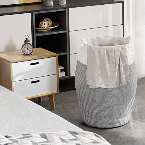 Cotton Rope Laundry Hamper by YOUDENOVA, 105L - Woven Collapsible Laundry Basket - Clothes Storage Basket for Blankets, Laundry Room Organizing, Bedroom Storage, Clothes Hamper – Grey & White - Image 5