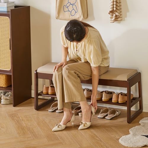 Aibiju Shoe Rack Bench with Cushion, 2 Tiers Wood Shoe Bench with Flip-Top Storage, 39.37in Shoe Rack for Entryway, Hallway, Walnut Color YD-WD062B - Image 2