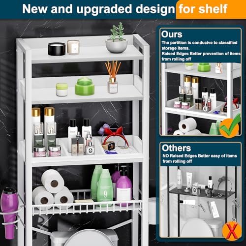 Over The Toilet Storage Cabinet,4 Tier Bathroom Organizer and Storage With Adjustable Shelf Waterproof Feet Pad and Basket Multifunctional Space Saver Freestanding Bathroom Shelves With Dividers White - Image 4