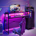 SUPERLELE Gaming Desk with Power Outlet, LED Lights, Storage Shelf & Drawer - Image 2