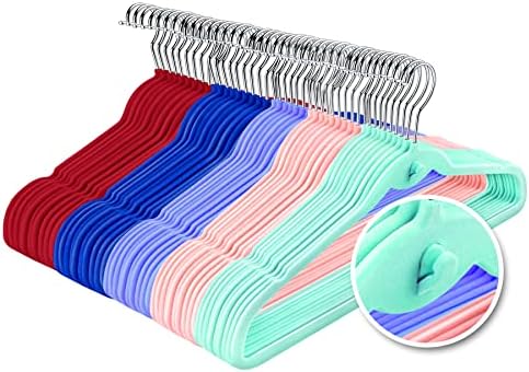 Multi-Color Premium Velvet Hangers with Mini Hooks, Pack of 50, Non Slip, Space Saving Cascading Clothes Hangers, 5 Colors, Pink, Lavender, Navy Blue, Red Burgundy and Mint Green by HozyFrozy