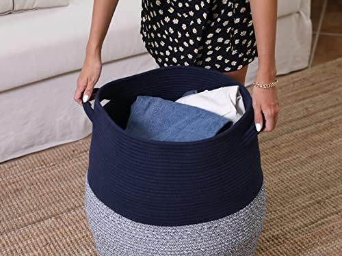 26"x20" Handcrafted Tall Cotton Rope Basket with Lid, Stylish Flagon Shape with Cover, Clothes Hamper with Top, for Bedroom and Living Room, Dark Blue Mix - Image 7
