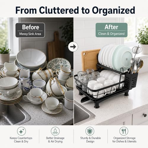 Kitchen Dish Drying Rack, Compact 2-Tier Stainless Steel Dish Drainer for Countertop with Quick-Drain Tray, Elevated Base, Utensil Holder and Adjustable Drain Spout, Black - Image 5