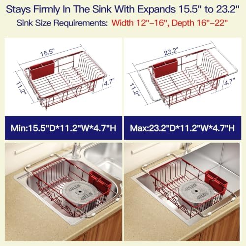 MAJALiS Red Expandable Dish Drying Rack Over Sink with Extra Drainboard - Image 3