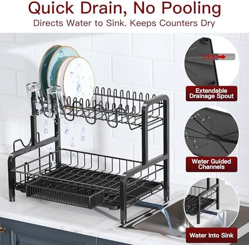BOOSINY 2 Tier Black Stainless Steel Dish Drying Rack for Kitchen Counter - Image 2