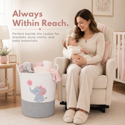 Elephant Baby Laundry Basket for Girl Nursery, Pink Rope Hamper, 20x15 in - Image 5
