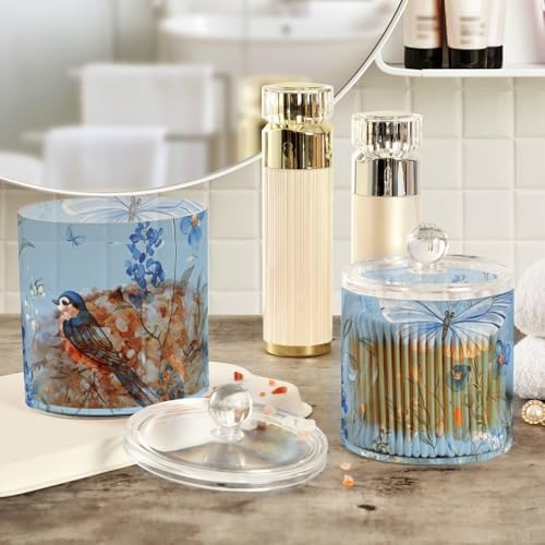 Light Blue Floral Bluebonnet Butterflies Qtip Holder Waterproof Dustproof Apothecary Jars with Lids For Bathroom Cotton Swabs Makeup Sponges Floss Picks Bath Salts 2 Pack - Image 4