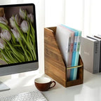 MyGift Premium Hotel Series Solid Acacia Wood Desktop Magazine File Holder Bin with Brass Tone Metal Accent, Vertical Office Desk Document Folder Binder Storage Organizer Rack - Image 4