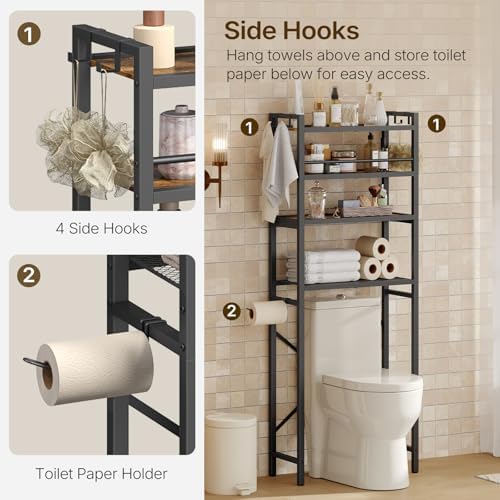YATINEY Over The Toilet Storage Rack, 4-Tier Freestanding Bathroom Organizer Above Toilet, Toilet Shelf with Detachable Upper Shelves, X-Shaped Back Support, Rustic Brown and Black TR05BR - Image 6
