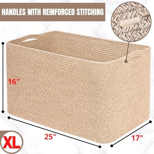 MINTWOOD Design 112L Extra Large Blanket Basket Holder Living Room, 25"x17"x16" Rectangle Rope Woven Storage Basket with Handles for Laundry, Towels, Shoes, Dog Toy Organizer Bin Box, Oatmeal Brown - Image 7