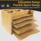 WKWKER 5-Tiers Bamboo File Organizer Paper Organizer Mail Sorter Document Letter Trays Desk Organizer with 4 Dividers for Office Home Study Desk Storage (Natural Color) - Image 4