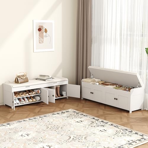 HOMEFORT 54.4" Shoe Bench with Lift Top Storage, Entryway Bench with Cushioned Seat, Wooden End of Bed Bench, Shoe Cabinet Bench with Hidden Storage Space, for Bedroom, Hallway,White - Image 4