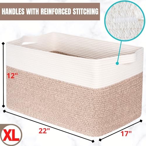MINTWOOD Design 22in Extra Large Blanket Basket Holder Living Room, Rectangle Rope Woven Storage Basket with Handles for Laundry, Pool Towels, and Shoes, Dog Toy Organizer Bin Box, Light Brown - Image 7