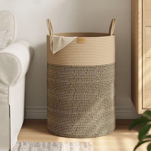 Nunsino Tall Laundry Basket Hamper 95L,Cotton Rope Storage Hamper with Reinforced Handles,Decorative Blanket & Toy Basket for Living Room, Bedroom, Nursery, Dark Brown by Nunsino