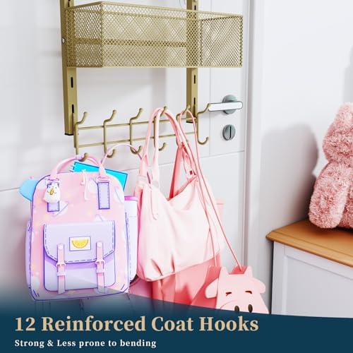Consumest Over The Door Hooks Organizer - 4 Tier Door Coat Rack with 3 Baskets & 12 Hooks, Stainless Steel Towel Hanger for Bedroom, Bathroom, Living Room, Gold - Image 4