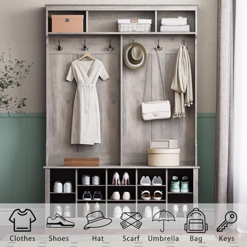 Wodeer Hall Tree with Bench and Shoe Storage, 53" Farmhouse 4-in-1 Mudroom Storage Organizer with Coat Rack, 6 Hooks, 12 Shoe Cubbies, Adjustable Shelf, for Entryway, Hallway, Living Room, Grey - Image 3