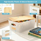 Bagnizer Small Plastic Storage Bins with Bamboo Lids 5.2qt Stackable Box Basket Pantry Decorative Containers Cute with Labels for Organizing Desktop Closet Office Cream White of 6 packs 10*7.2*4.1" - Image 2