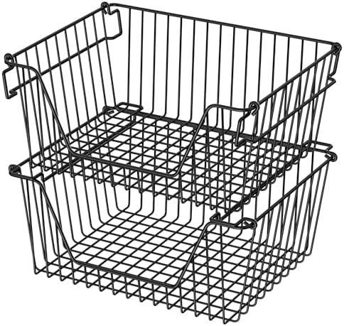 Stackable Wire Metal Baskets Sturdy Cabinet Organizer Wire Pantry Freezer Bin with Handle for Home Bathroom Kitchen Fruit Vegetable Organization, Black, 2Packs by blitzlabs