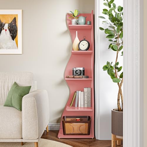 LITTLE TREE Small Corner Shelf, Modern 5-Tier Wall Corner Bookshelf, Stylish Bookcase Storage Rack for Small Space, Living Room, Bedroom, Pink, 1 Pack - Image 2