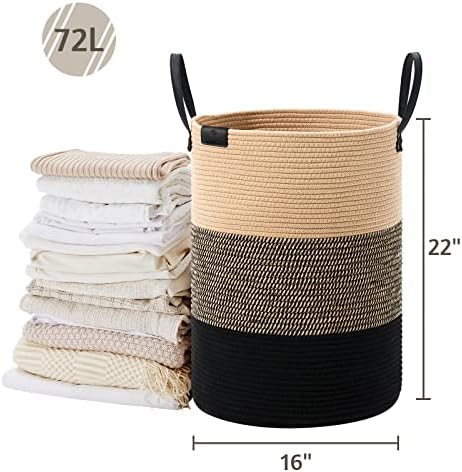VIPOSCO 72L Tall Woven Rope Laundry Hamper, Leather Handles, Brown & Black - Image 5
