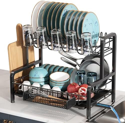 BOOSINY 2 Tier Black Stainless Steel Dish Drying Rack for Kitchen Counter by Boosiny