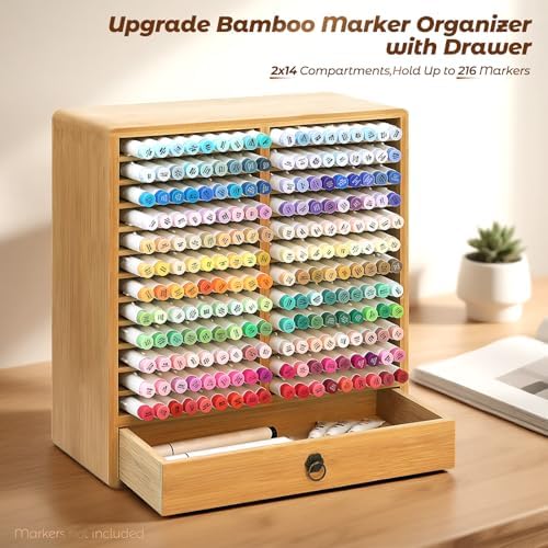 Marker Organizer, 24 Slots Wooden Storage for Up to 216 Markers with Drawer - Image 2