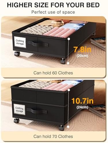 Under Bed Storage with Wheels,2Pack Underbed Shoe Storage Organizer,7.5-10.6 inchTall Adjustable Storage for Underbed with Lids,65L Extra large capacity for Clothes, Blankets,Shoes - Image 7