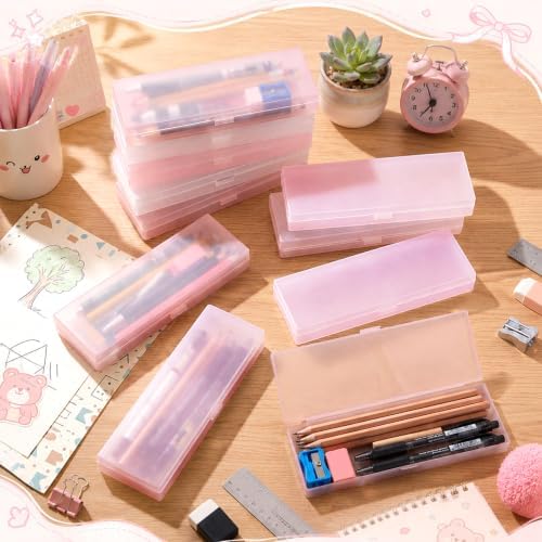 Fainne 80 Pieces Back to School Plastic Pencil Boxes Pencil Case Bulk Frosted Clear Multi Colored Pens Holder Stackable Container with Lid & Snap for Stationery Office Classroom(Pink) - Image 4