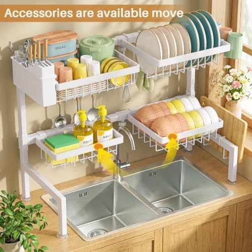 SNSLXH 4 Baskets 2-Tier Over The Sink Dish Drying Rack, 26.57"-35" White - Image 5