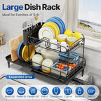 Urackify Dish Drying Rack for Kitchen Counter, Expandable 2 Tier Dish Rack, Large Capacity Dish Drainer with Drainboard Multifunctional Dish Strainer with Removable Cutlery Holder Black - Image 6