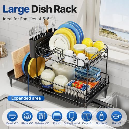 Urackify Dish Drying Rack for Kitchen Counter, Expandable 2 Tier Dish Rack, Large Capacity Dish Drainer with Drainboard Multifunctional Dish Strainer with Removable Cutlery Holder Black - Image 6