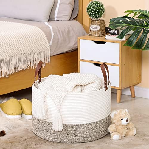 KAKAMAY Large Blanket Basket (20"x13"),Woven Baskets for storage Baby Laundry Hamper,Cotton Rope Blanket Basket for Living Room, Laundry, Nursery, Pillows, Baby Toy chest (White/Beige) - Image 4
