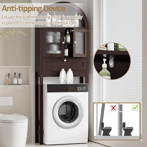 Spurgehom Over The Toilet Storage Cabinet with Glass Door (Coffee) - Image 5
