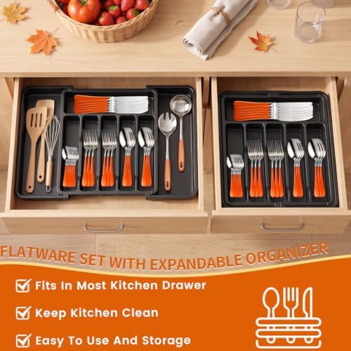 Orange Silverware Set with Expandable Drawer Organizer for 6-24 Piece Stainless Steel Flatware Set with Spoons, Forks, Knives, Heavy Duty Mirror Polished for Home/Kitchen/Restaurant (Orange-Silver) - Image 2