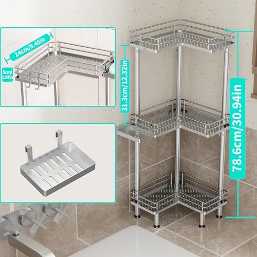 HapiRm Standing Corner Shower Caddy - 3 Tier Shower Shelf Corner with Soap Holder, Rustproof Bathroom Standing Organizer with 4 Hooks, Silver - Image 5