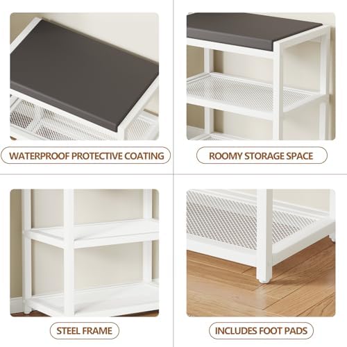 Small Shoe Bench Shoe Rack Storage Bench Entryway Bench Shoe Shelf with Seat Cushion, Stable Shoe Organizer for Entryway, Living Room, Bench Seat Holds Up to 300 lb, (18"L x 12"W x 17"H, White) - Image 6