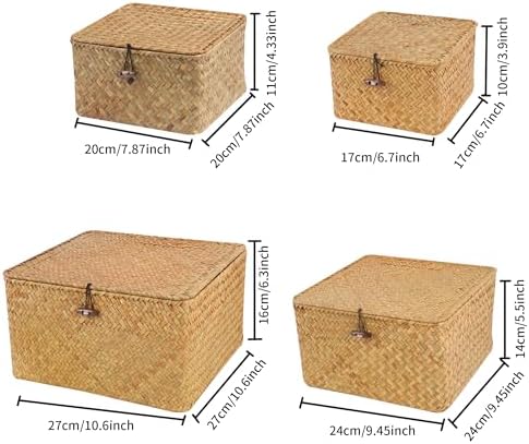 Moosky Wicker Shelf Baskets with Lid, Handwoven Seagrass Storage Basket Bins Square Gift Boxes for Shelves Home Decor Organizer (Natural, Set of 4) - Image 2