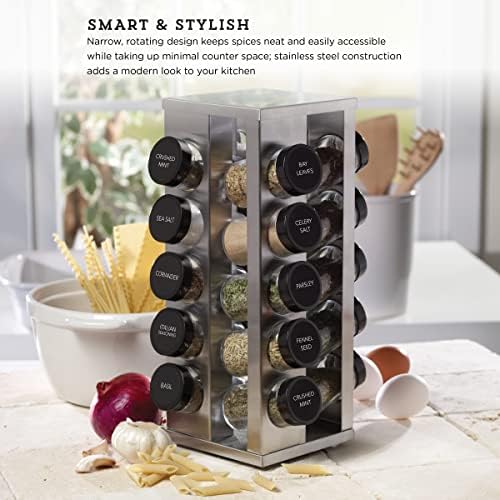 Kamenstein 20 Jar Heritage Revolving Countertop Spice Rack Organizer with Spices Included, FREE Spice Refills for 5 years, Brushed Stainless Steel with Black Caps - Image 4