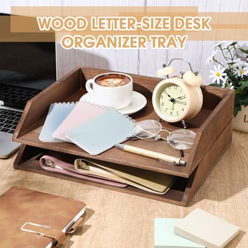 Beeveer 2 Pcs Dark Wood Letter Tray Wooden Desk Paper Organizer 2 Tier Stackable Load Documents Desktop Tray Drawer File Folder Magazine Office Accessories for Home Office Back to School - Image 3