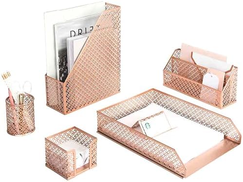 BLU MONACO | Rose Gold Desk Organizer Set | 6 Piece Metal Office Desk Organizer with Mail Sorter, Pen Cup, Sticky Note Holder, Magazine File, Card Holder, Paper Tray | Desk Organizers and Accessories by Blu_Monaco