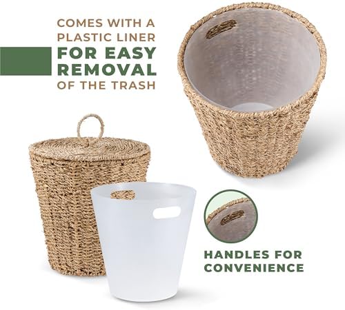84ECO 3 Gallons Seagrass Waste Basket with Lid and Liner - Wicker Trash Can - Image 2