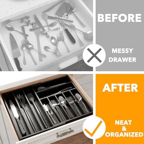 SpaceAid 2.5" High Bamboo Silverware Drawer Organizer with Labels, Kitchen Utensil Expandable Tray Holder for Flatware, Cutlery, Spoon and Knives Drawer Storage Organization (Black) - Image 2