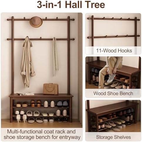 AQIMUELE Hall Tree, Coat Rack with Shoe Storage, Wooden Hall Tree with Bench, 11 Hooks and 2-Tier Storage Shelves, Entryway Bench with Coat Rack (39.3" - Deep Walnut) - Image 3